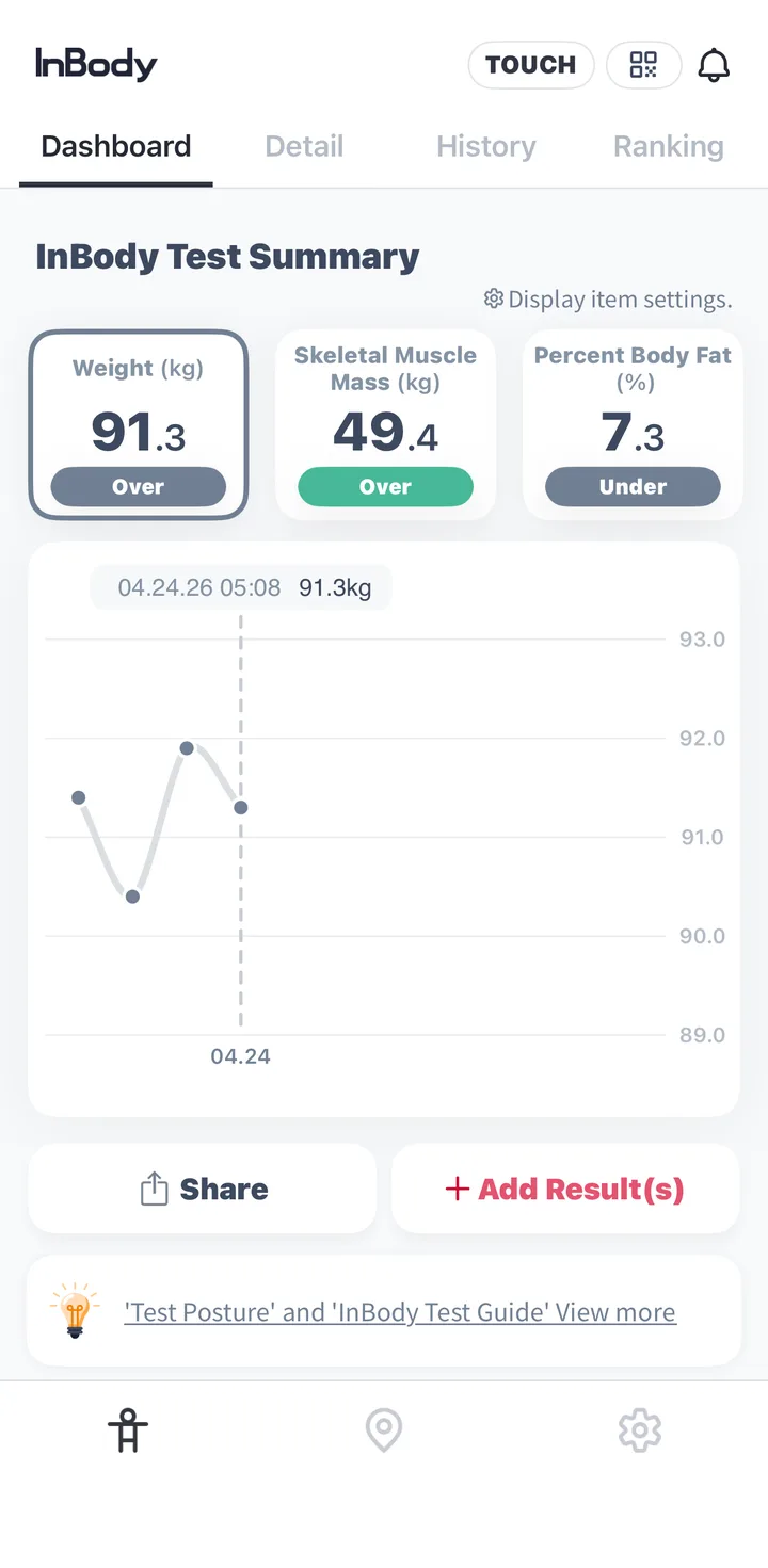 InBody app dashboard showing weight, skeletal muscle mass and percent body fat from a real scan